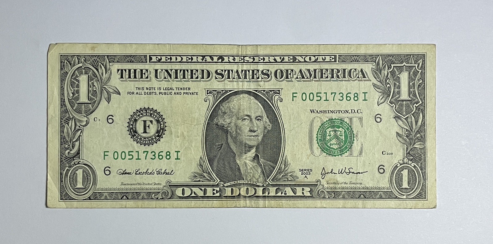 2003A $1 Dollar Bill Serial Number F00517368I