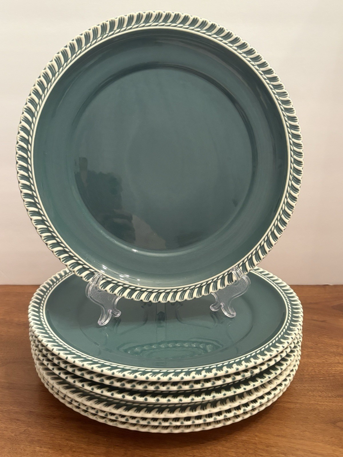 7 Harker Corinthian Pate Sur Pate 9 1/4 Plates Dark Green/Teal Gadroon Edge