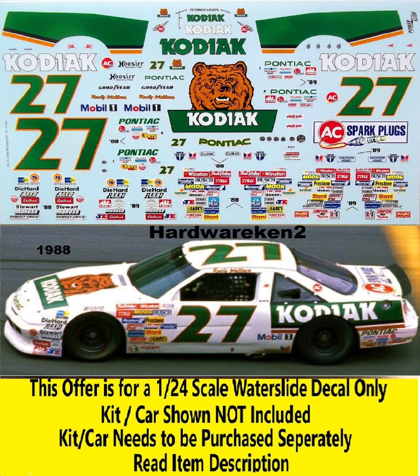 NASCAR DECAL #27 KODIAK 1988-1989 PONTIAC GRAND PRIX R. WALLACE 1/24 POWERSLIDE