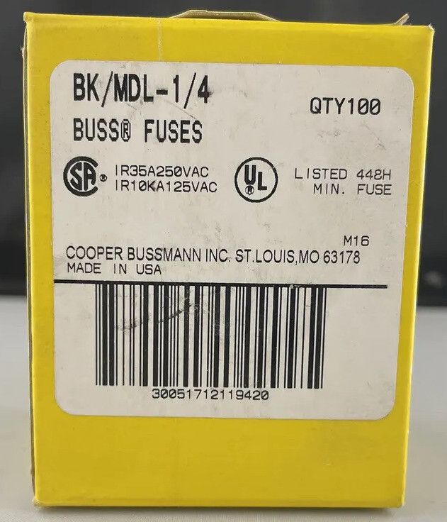 LOT OF 100 MDL-1/4 Buss Fuses LOT OF 100 MDL-1/4 Buss Fuses