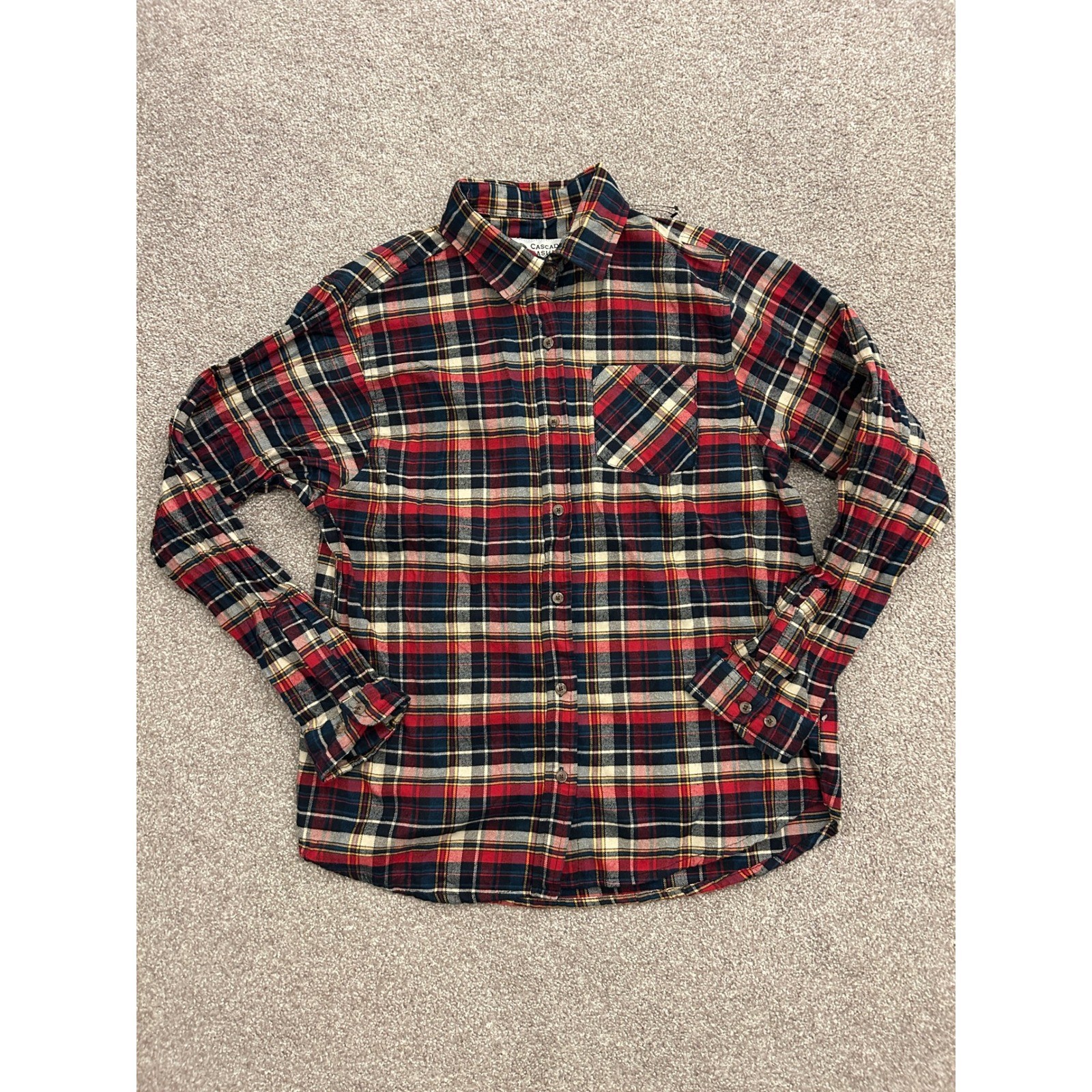 VTG Cascade Casual Wear Button Down Mens LG Red Blue Plaid Excellent Long Sleeve