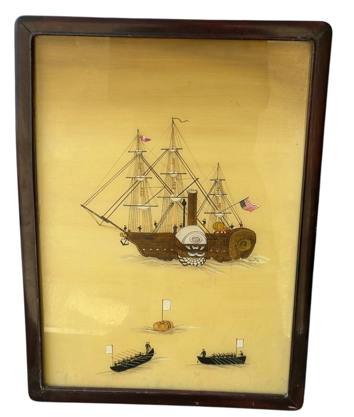 Antique Matthew Perry Commodore 19th Century Japan Reverse Painting Glass 23x17