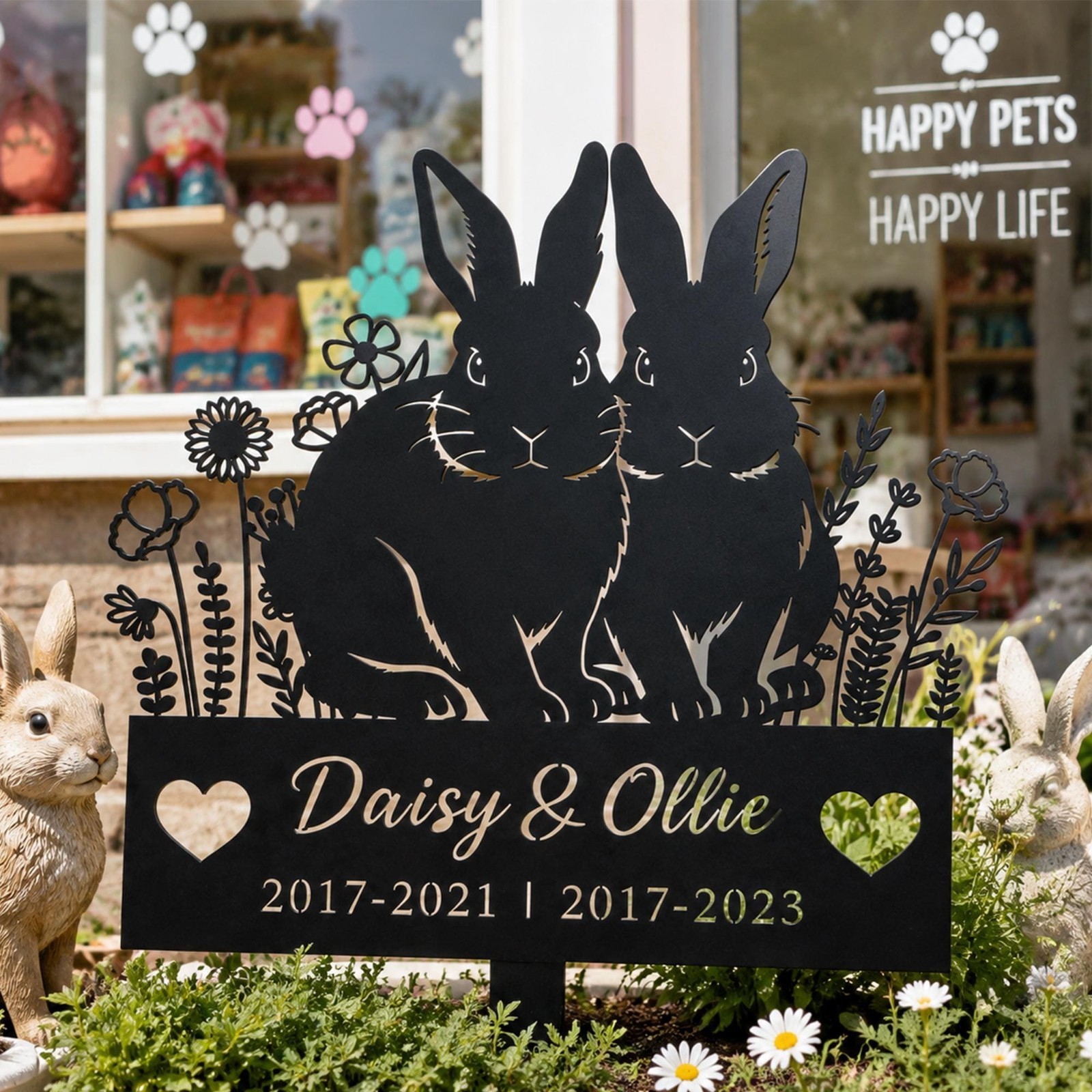 Custom Two Rabbit Pet Memorial Metal Stake, Personalized Bunny Name Grave Marker