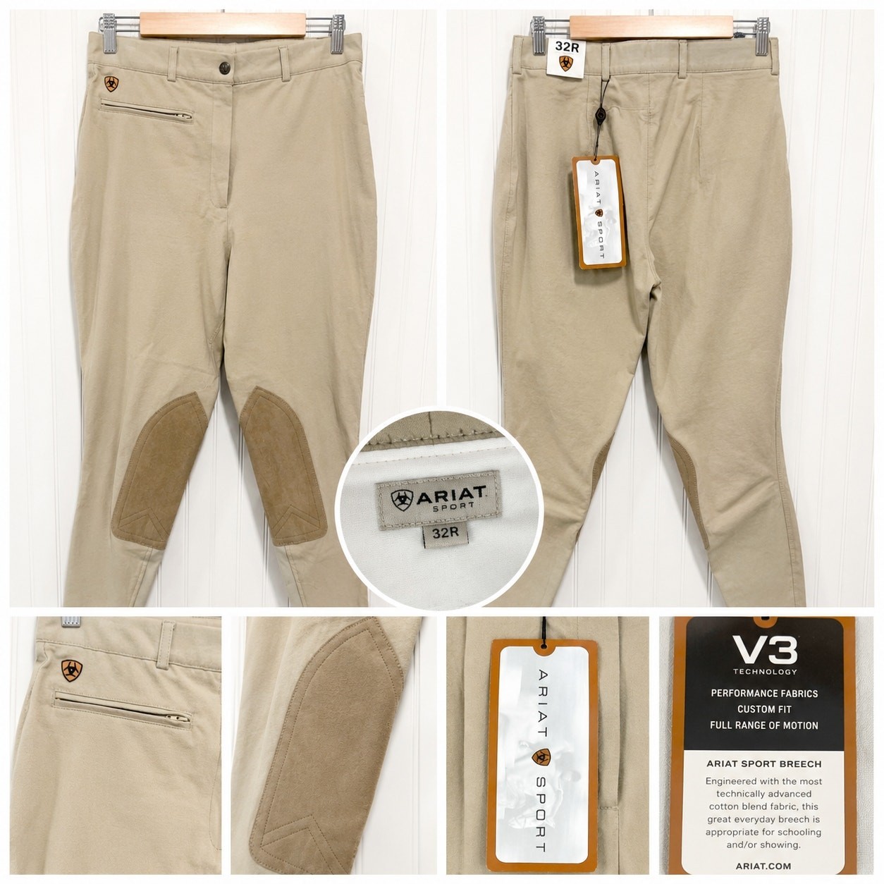NEW Vintage Ariat Sport Breech 32R Beige Knee Patch Riding Pants V3 Equestrian