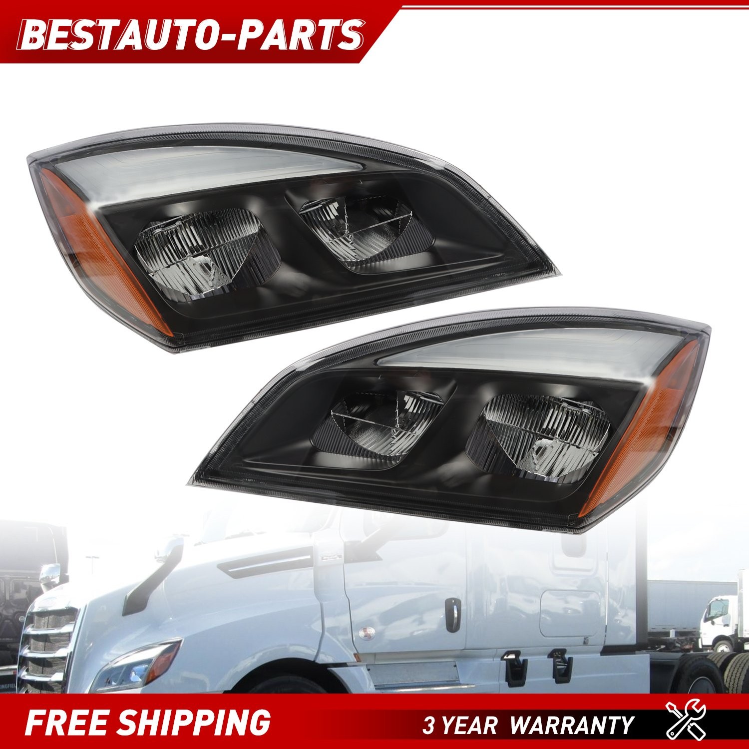 Pair Headlight Full LED Black Housing For 2018-2022 Freightliner Cascadia