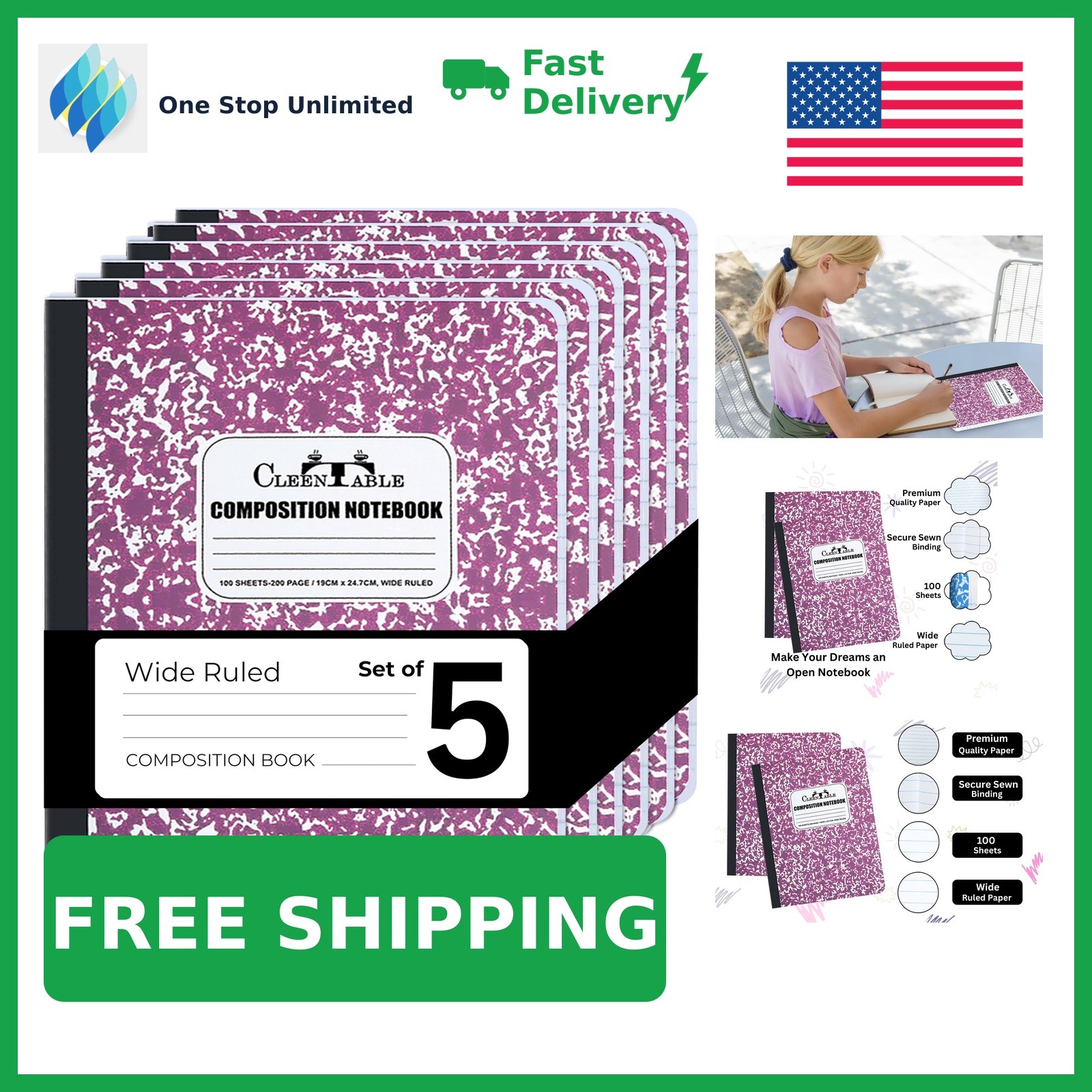 CLEENTABLE Composition Notebook, Purple, Pack of 5 CLEENTABLE Composition Notebook, Purple, Pack of 5