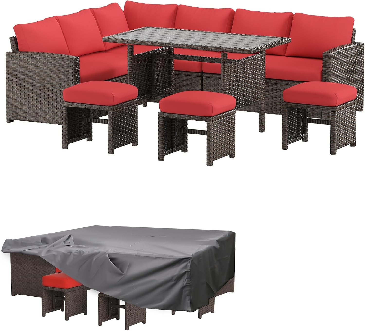 7-Piece Outdoor Patio Furniture Set with Waterproof Cover, Red and Brown 7-Piece Outdoor Patio Furniture Set with Waterproof Cover, Red and Brown
