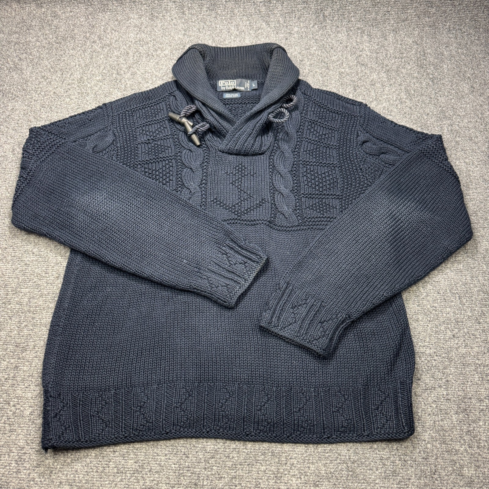Vintage Polo Ralph Lauren Sweater Mens Large Blue Shawl Collar Jumper Hand Knit