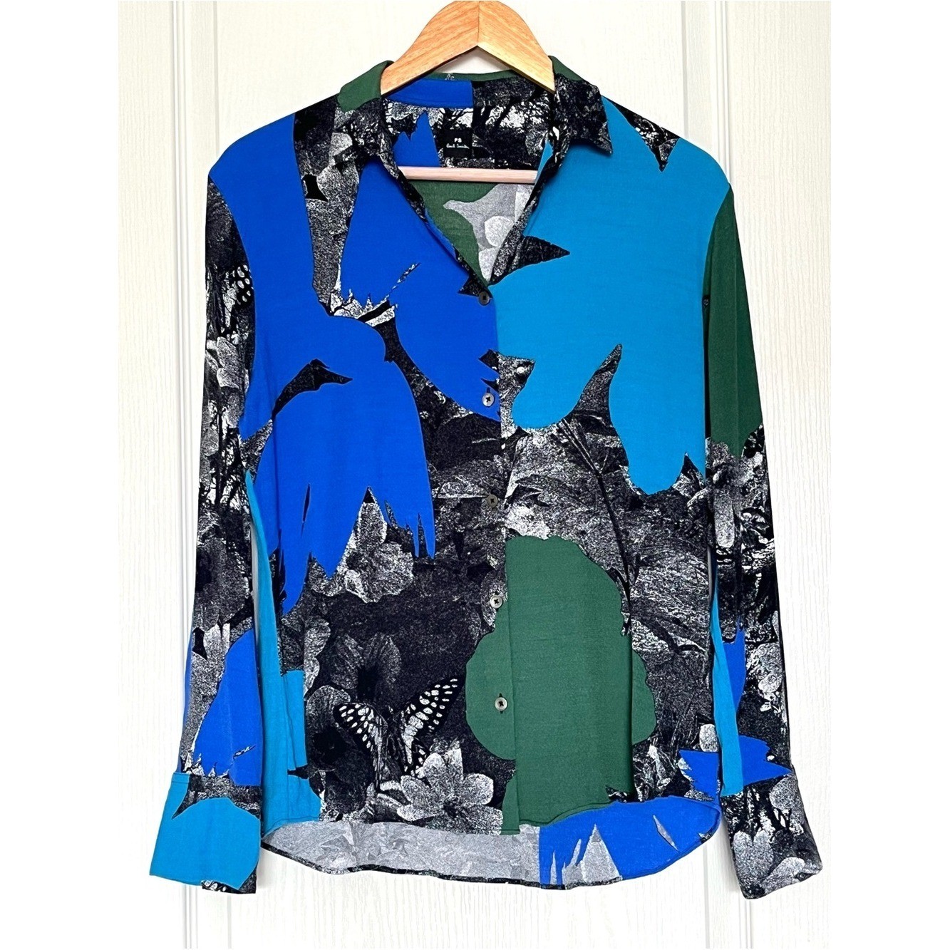 PS Paul Smith Women\'s 8 100% Viscose Blouse Butterfly Abstract Blue Green