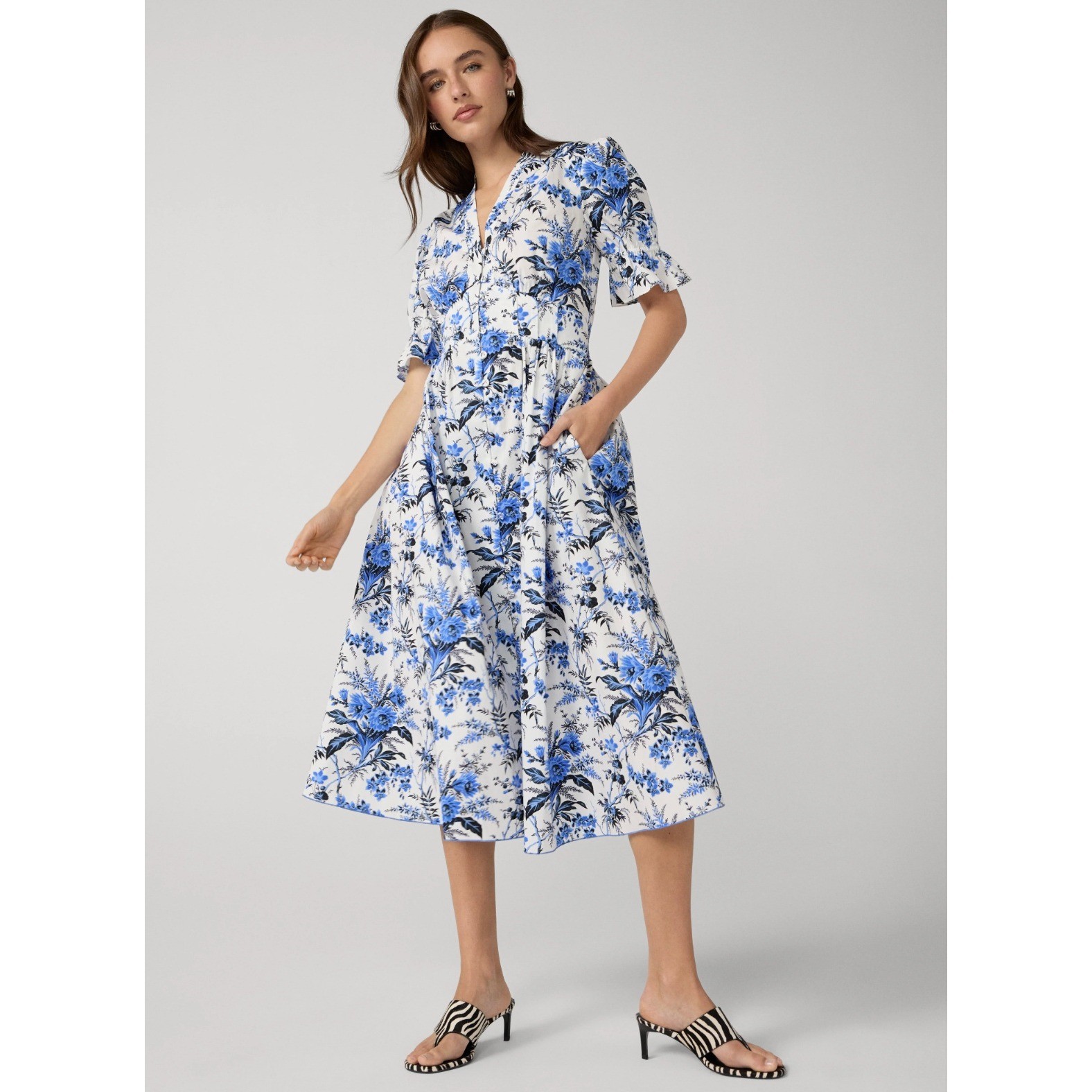 Diane von Furstenberg Erica Poplin Midi Dress 12 Floral Blue White Garden Flowy