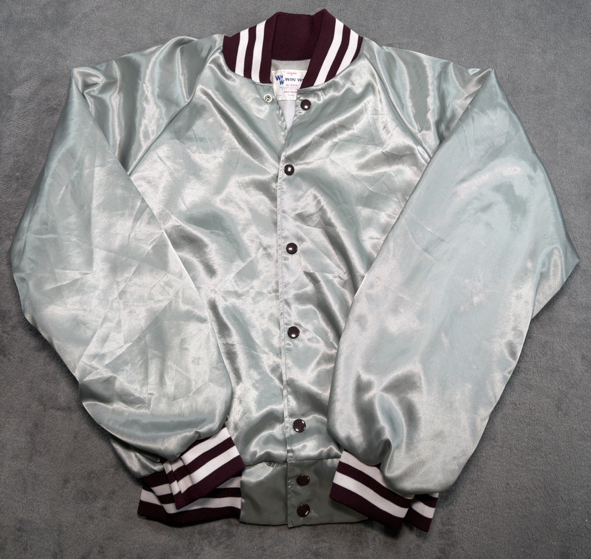 Vtg 1980s Sylvia Fan Club Satin Varsity Bomber Jacket Mint Silver Maroon Rare -6