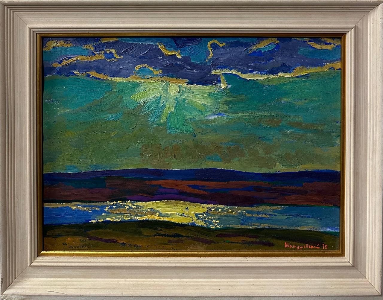 Russian School : Seascape Sunset ,Oil With Impasto On Card,Signed Cyrillic 1970
