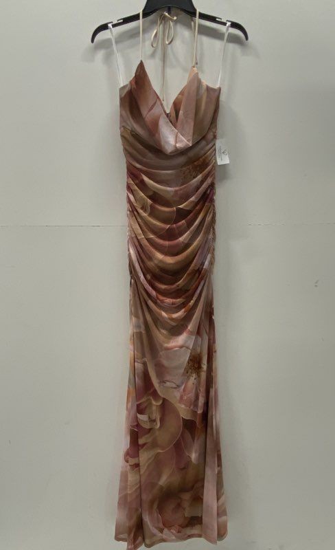 Windsor Women's Mauve Pink Floral Ruched Halter Cowl Neck Maxi Gown Sz L NWT