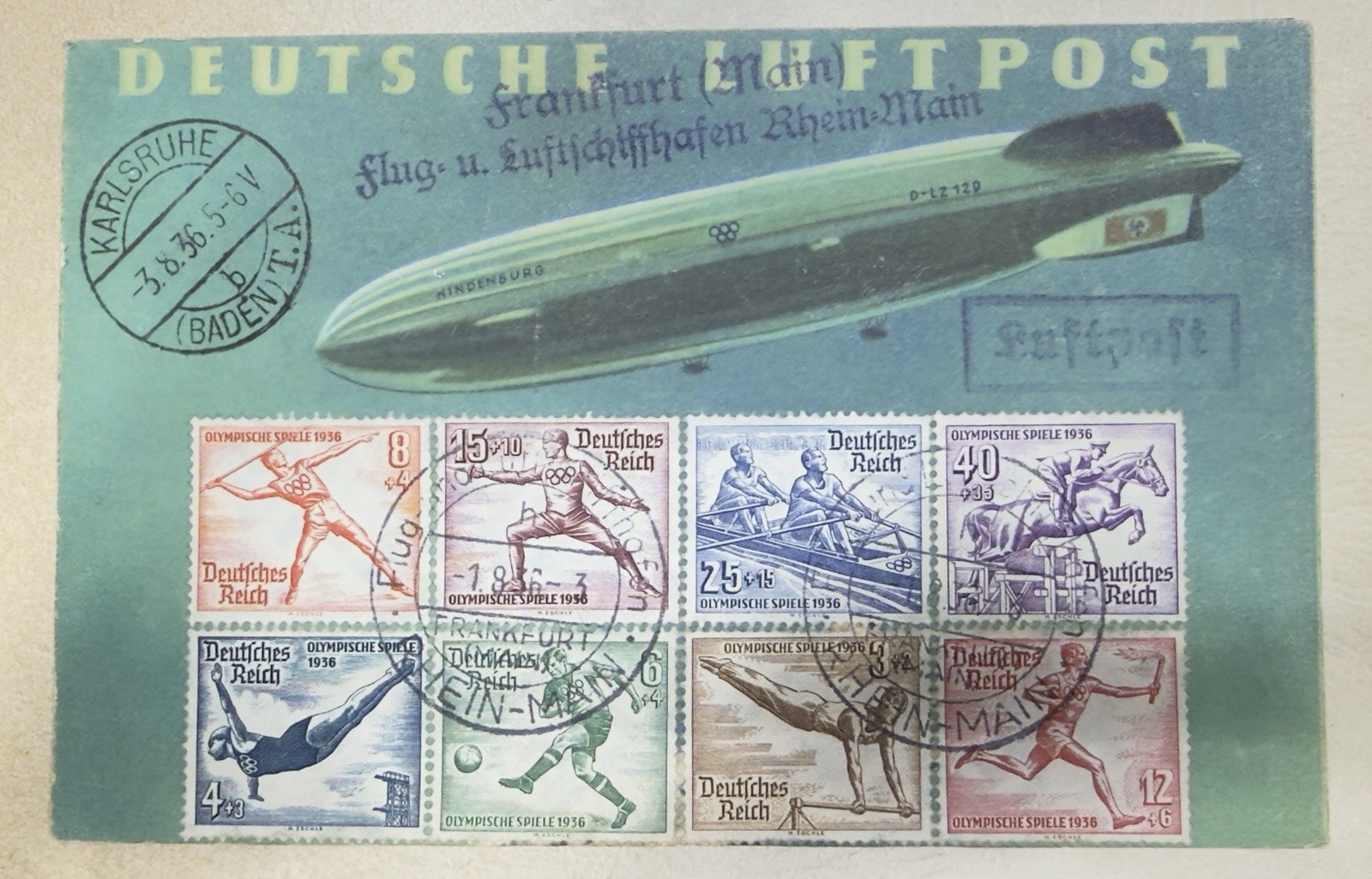 Germany 1936 Hindenburg Zeppelin Flight Cover w/ Olympic Stamps, Slogan Cancel