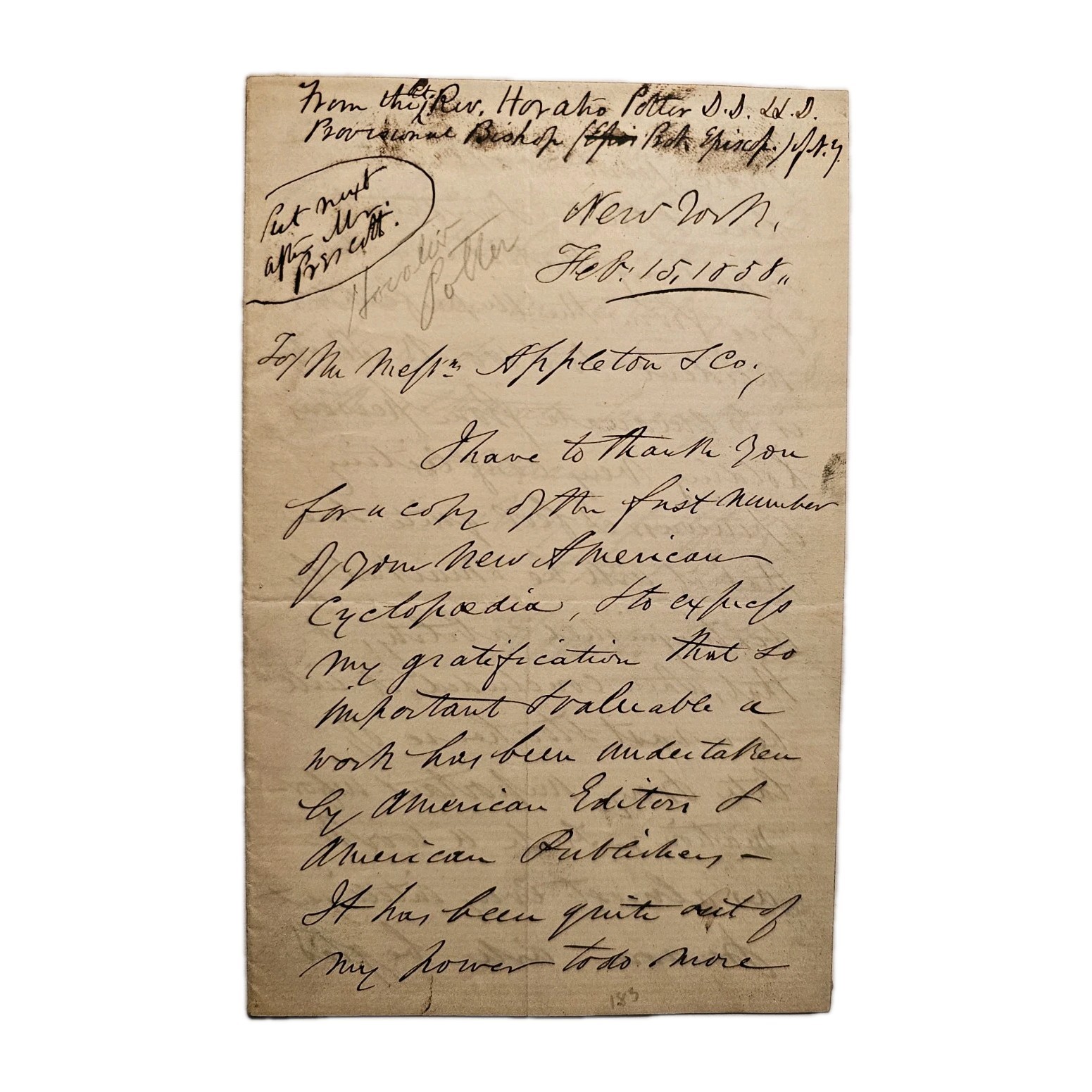 1858 Bishop Horatio Potter ALS to Appleton & Co re: New American Cyclopaedia