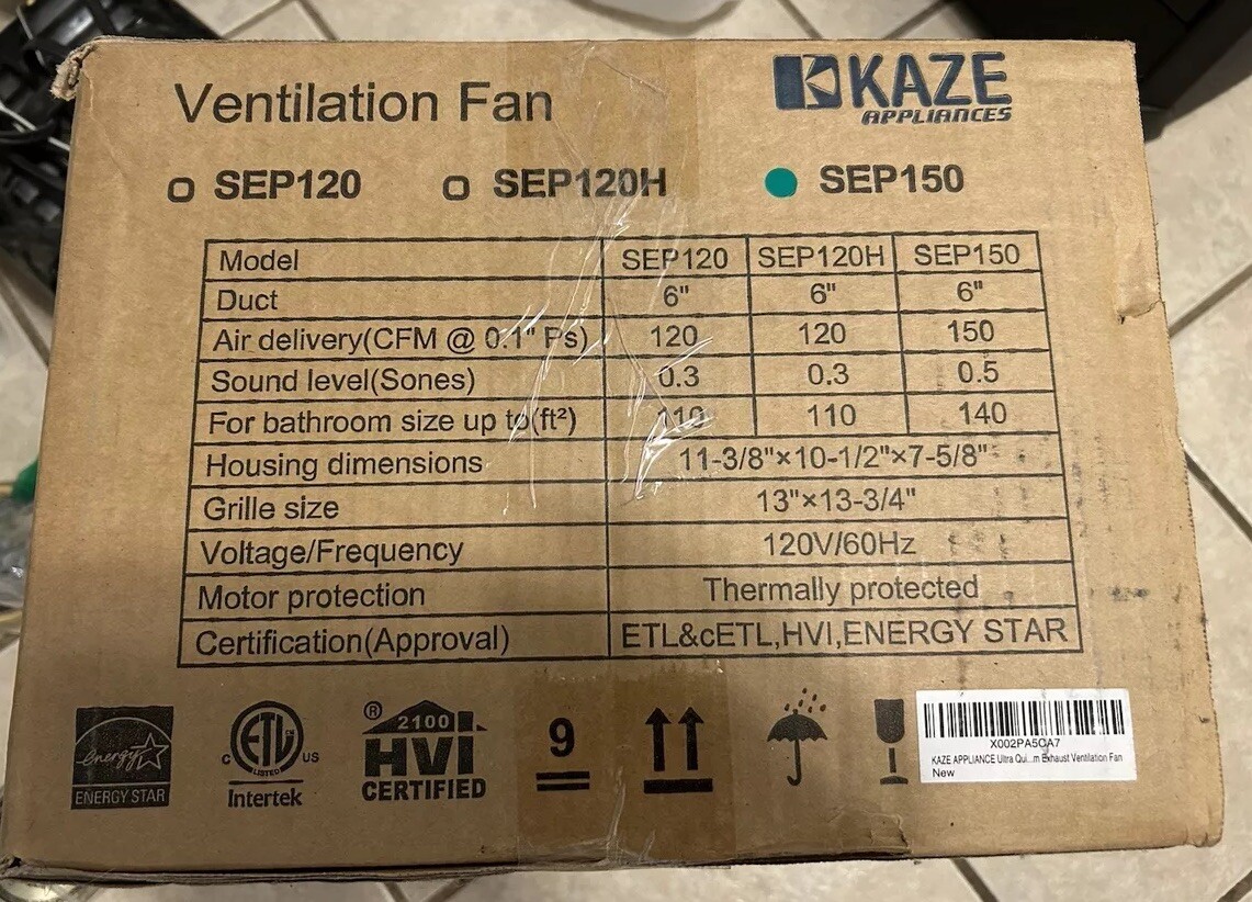 KAZE SEP150 Ultra Quiet Exhaust Ventilation Fan Brand New Still Sealed In Box KAZE SEP150 Ultra Quiet Exhaust Ventilation Fan Brand New Still Sealed In Box
