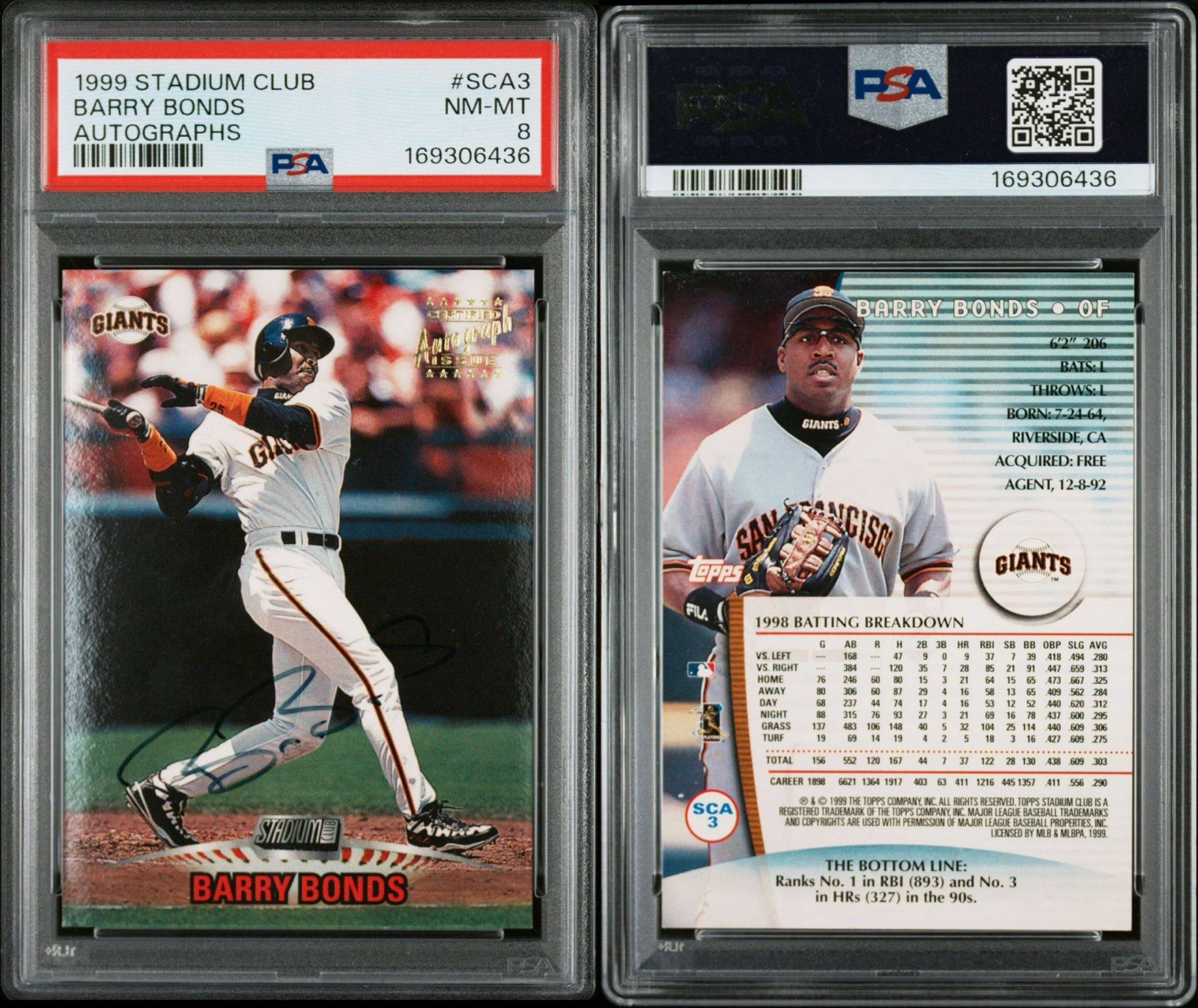 Topps 1999 Stadium Club Autographs Barry Bonds SCA 3 PSA 8 Auto 169306436 Topps 1999 Stadium Club Autographs Barry Bonds SCA 3 PSA 8 Auto 169306436