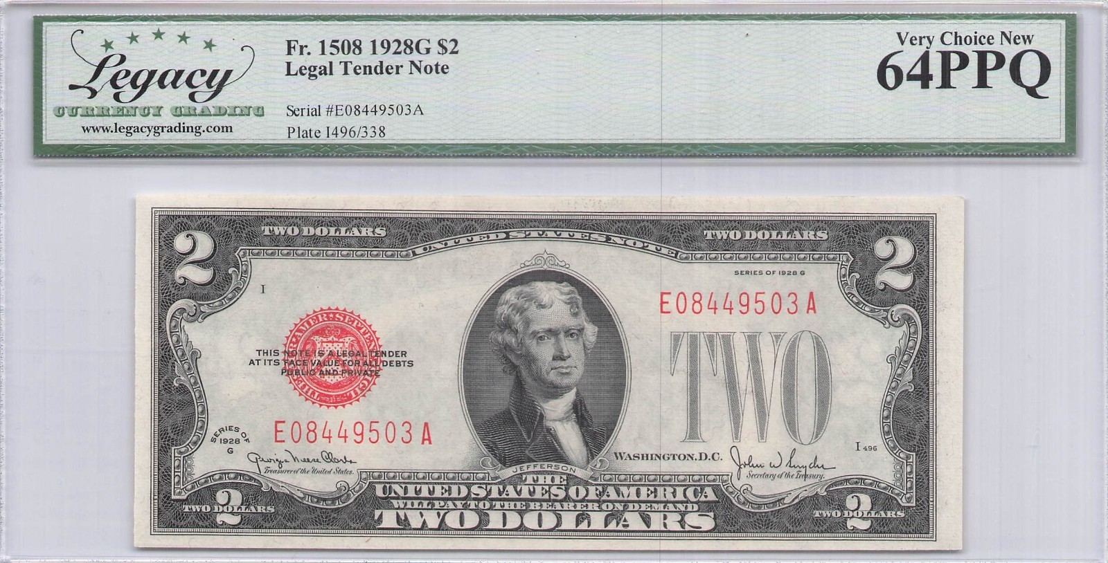 (2) Consecutive UNC 64 & 65 PPQ 1928G $2 United States Note Fr. 1508 (2) Consecutive UNC 64 & 65 PPQ 1928G $2 United States Note Fr. 1508