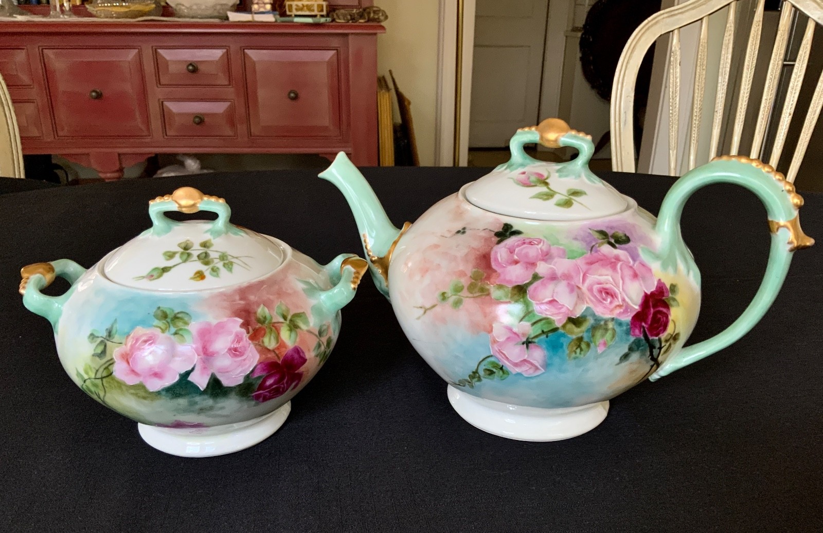 T & V Limoges Pink Cabbage Rose's Tea Pot & Lidded Sugar C.1890 Hand Painted 