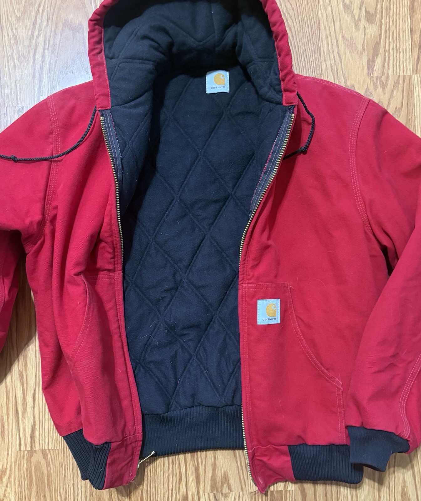 Vintage EXCELLENT 1990s Carhartt JR100 Red Thermal Lined Hooded Jacket Size S/M