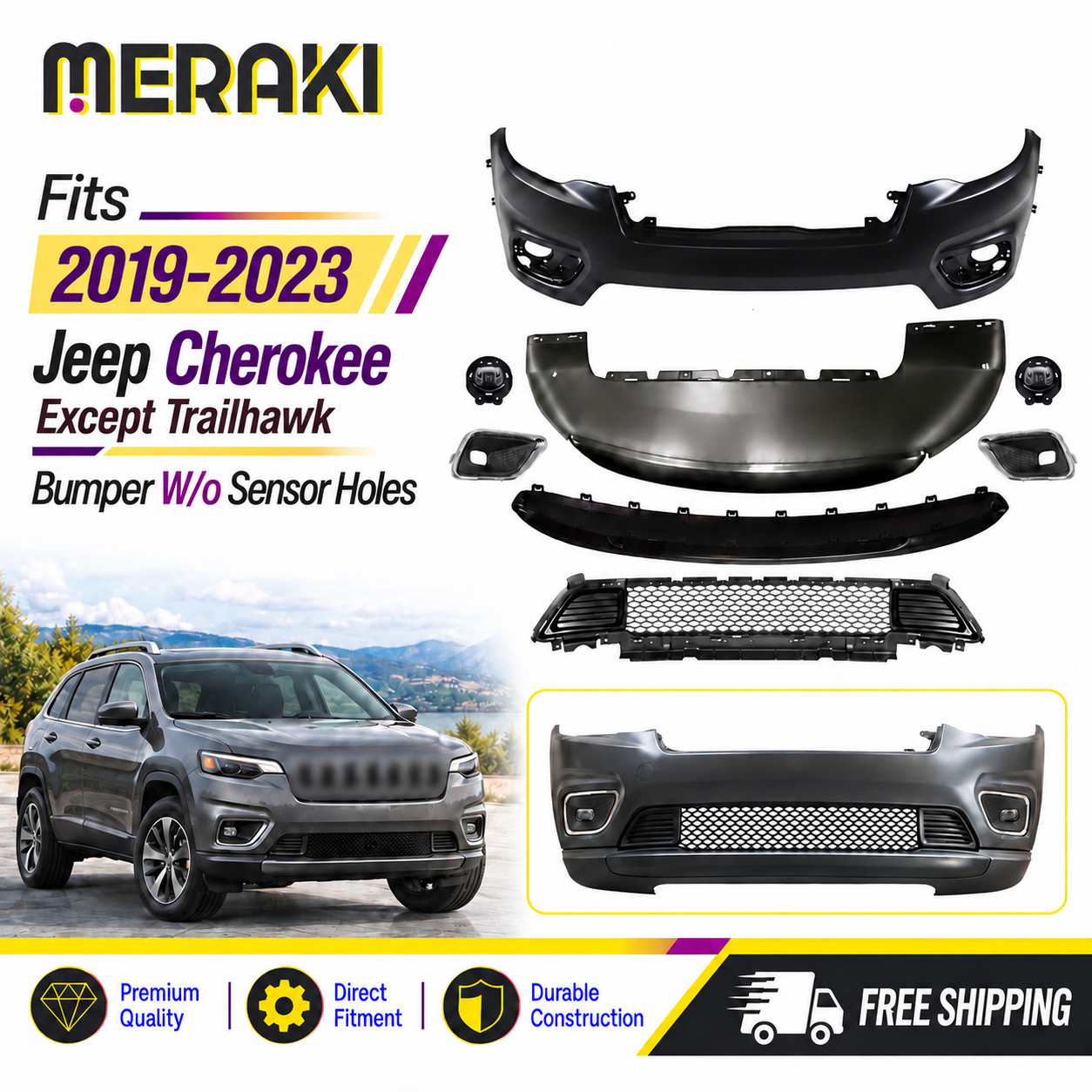 For 2019-2023 Jeep Cherokee New Complete Front Bumper Cover Kit with Fog Lights