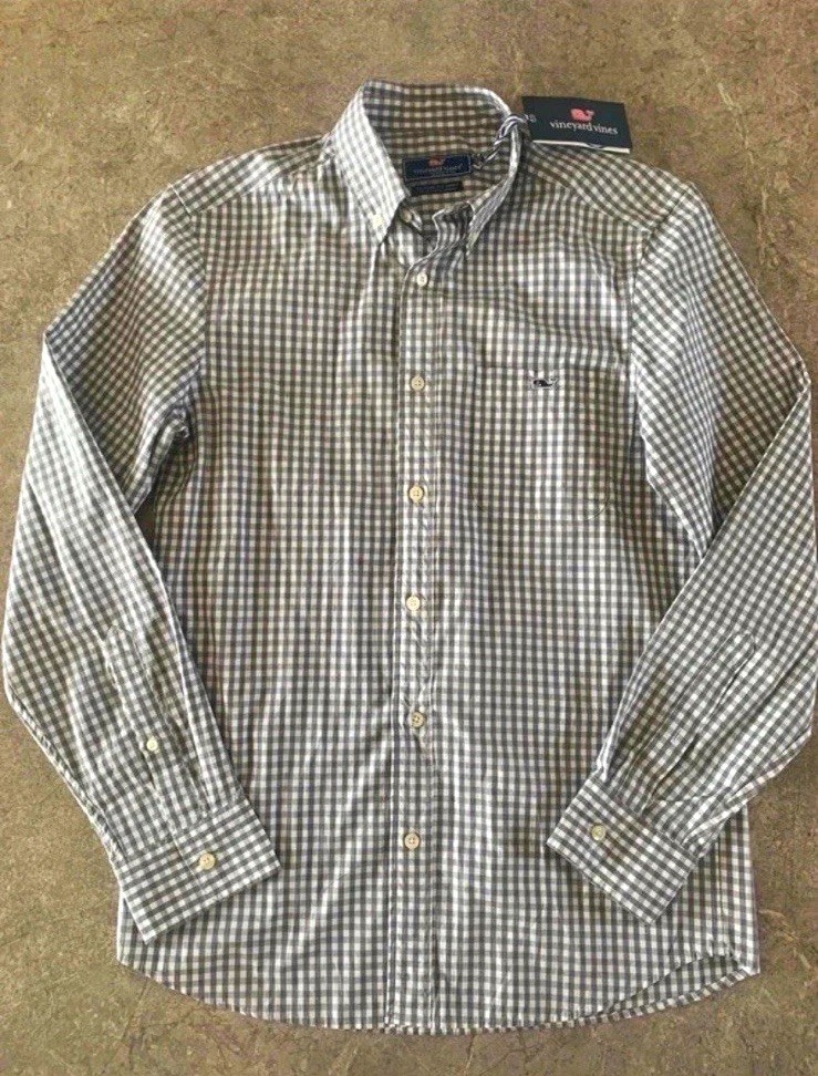Vineyard Vines Classic Fit Gray/White Gingham Stretch Button-Down Shirt XS