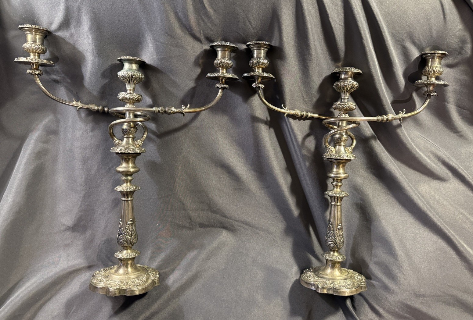 Large PAIR Antique Silver Plate 3 Light Victorian Candelabra candle holders