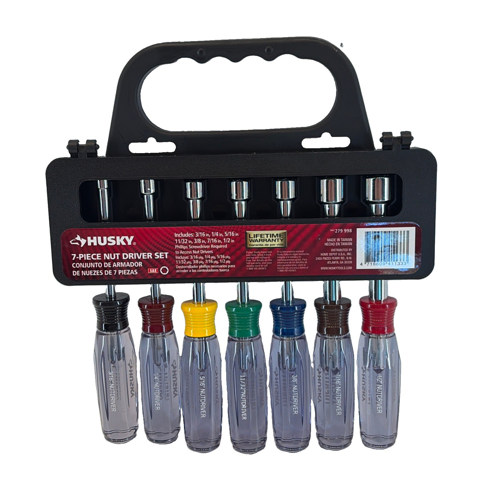 Husky 7 Piece SAE Nut Driver Set 279 998 Color Coded Handles 3/16 Thru 1/2