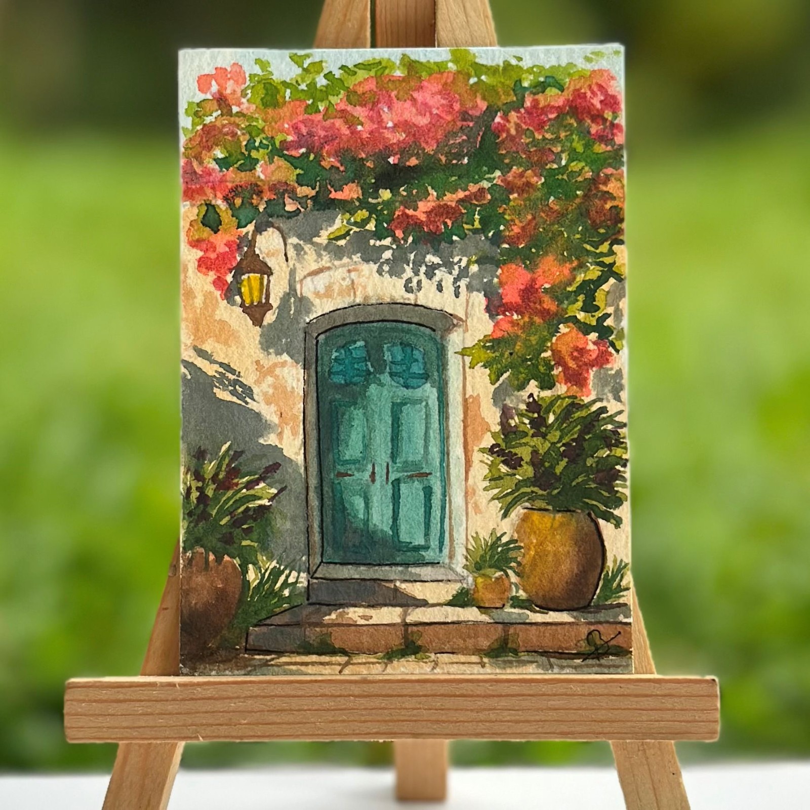 ACEO Original Watercolor Painting OOAK Floral Doorway Mediterranean Garden Art