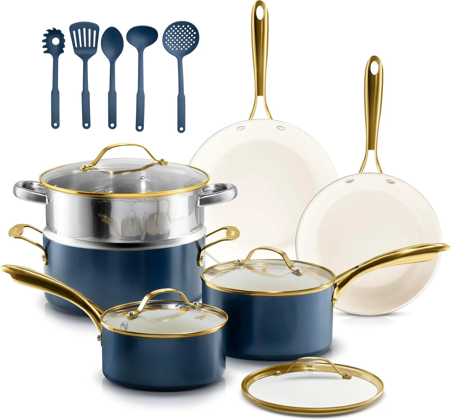 Gotham Steel Pots and Pans Set 15 Pc Nonstick Ceramic Cookware Blue Oven Safe