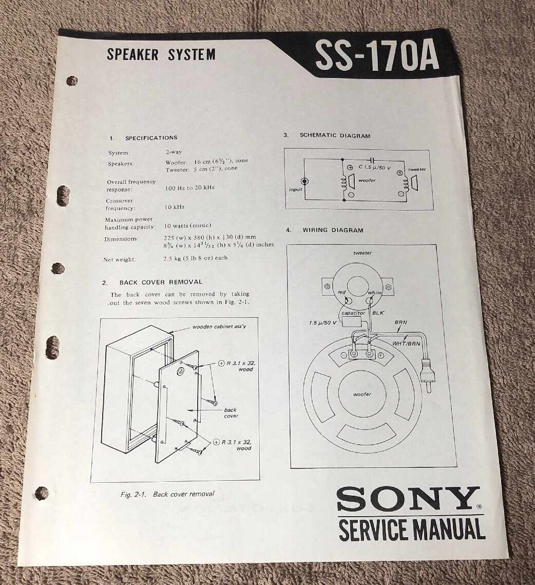 SONY SS-170A SPEAKER SYSTEM ORIGINAL SPEC SHEET M704x