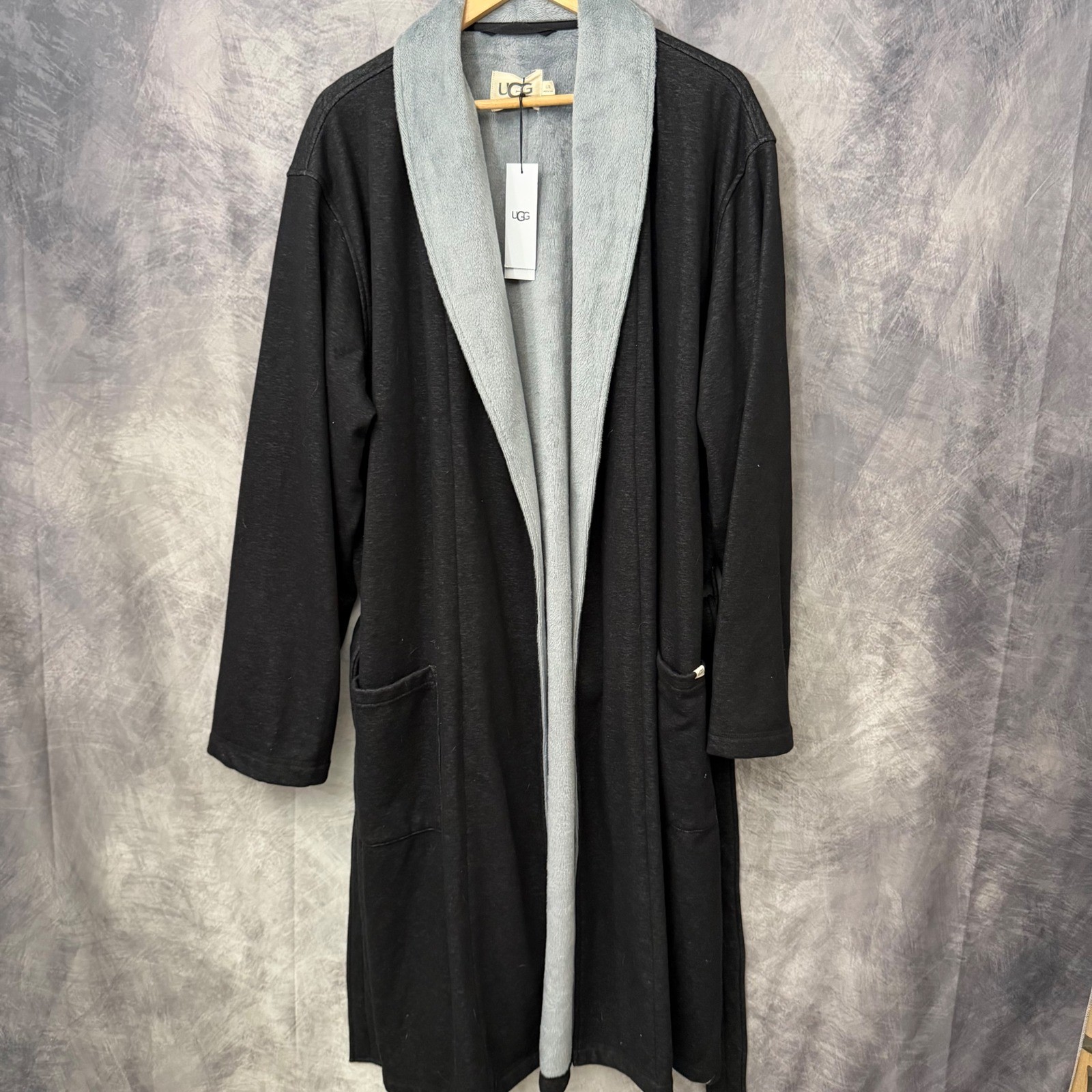 UGG Duffield II Black Grey Fleece Shawl Collar Robe Mens L/XL NWT Lounge Cozy