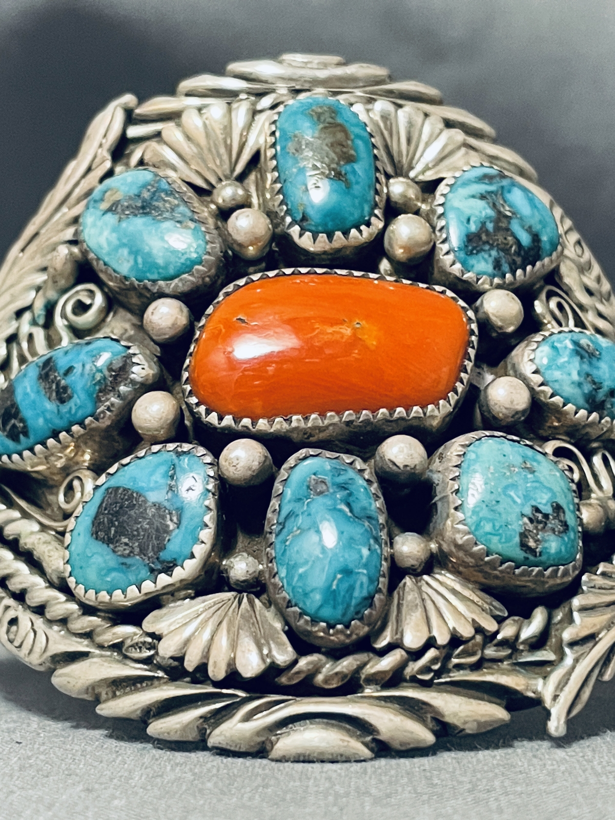COLOSSAL VINTAGE MUSEUM NAVAJO TURQUOISE CORAL STERLING SILVER BRACELET