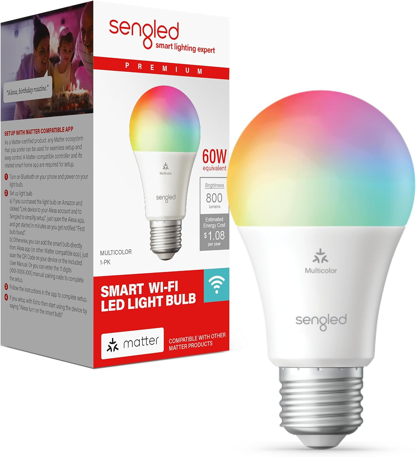 Matter LED Smart Light Bulb (A19), Multicolor, Compatible with Alexa, 60W Equiva