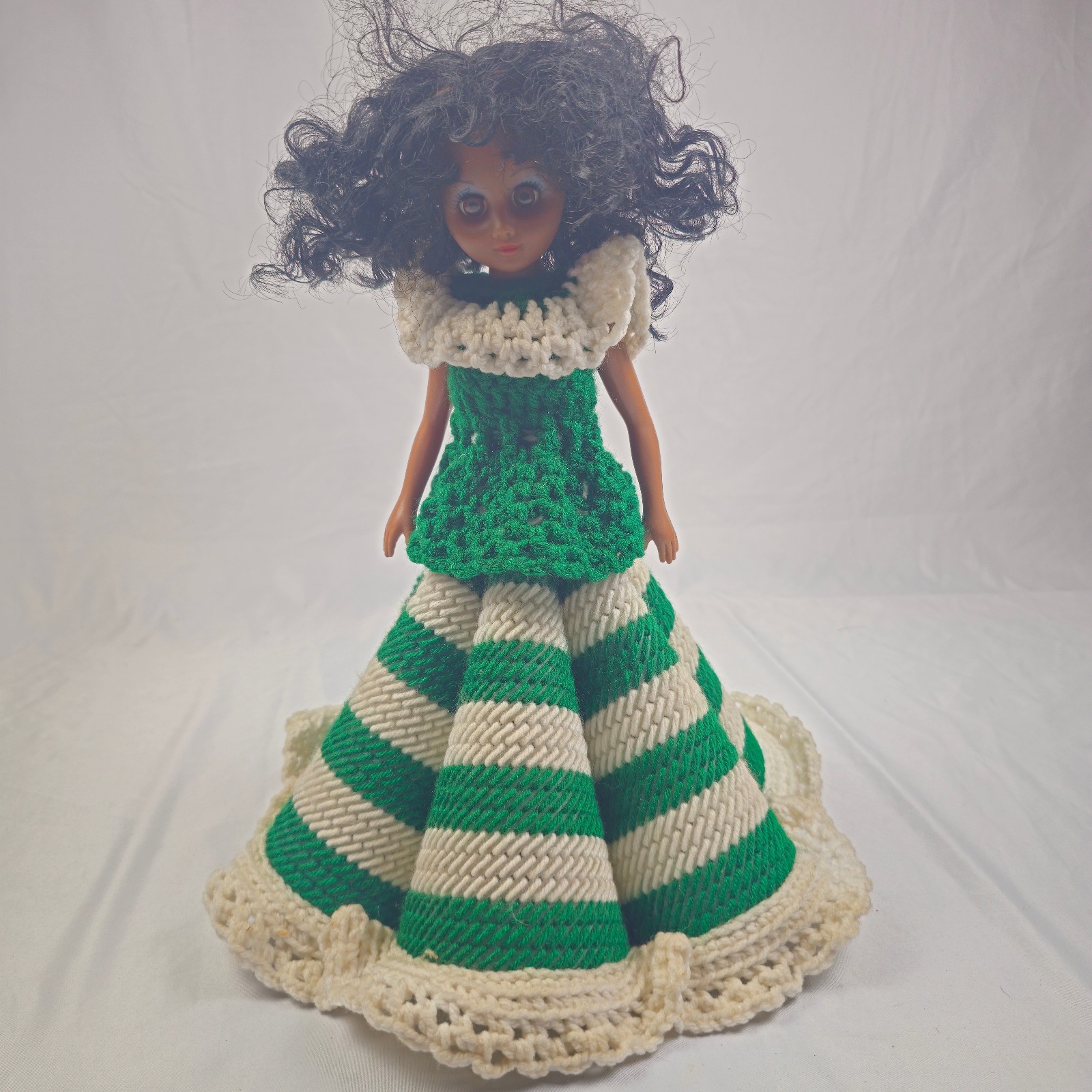Handmade Doll Plastic Canvas Crochet Southern Belle Fashion Green Dress Vtg OOAK
