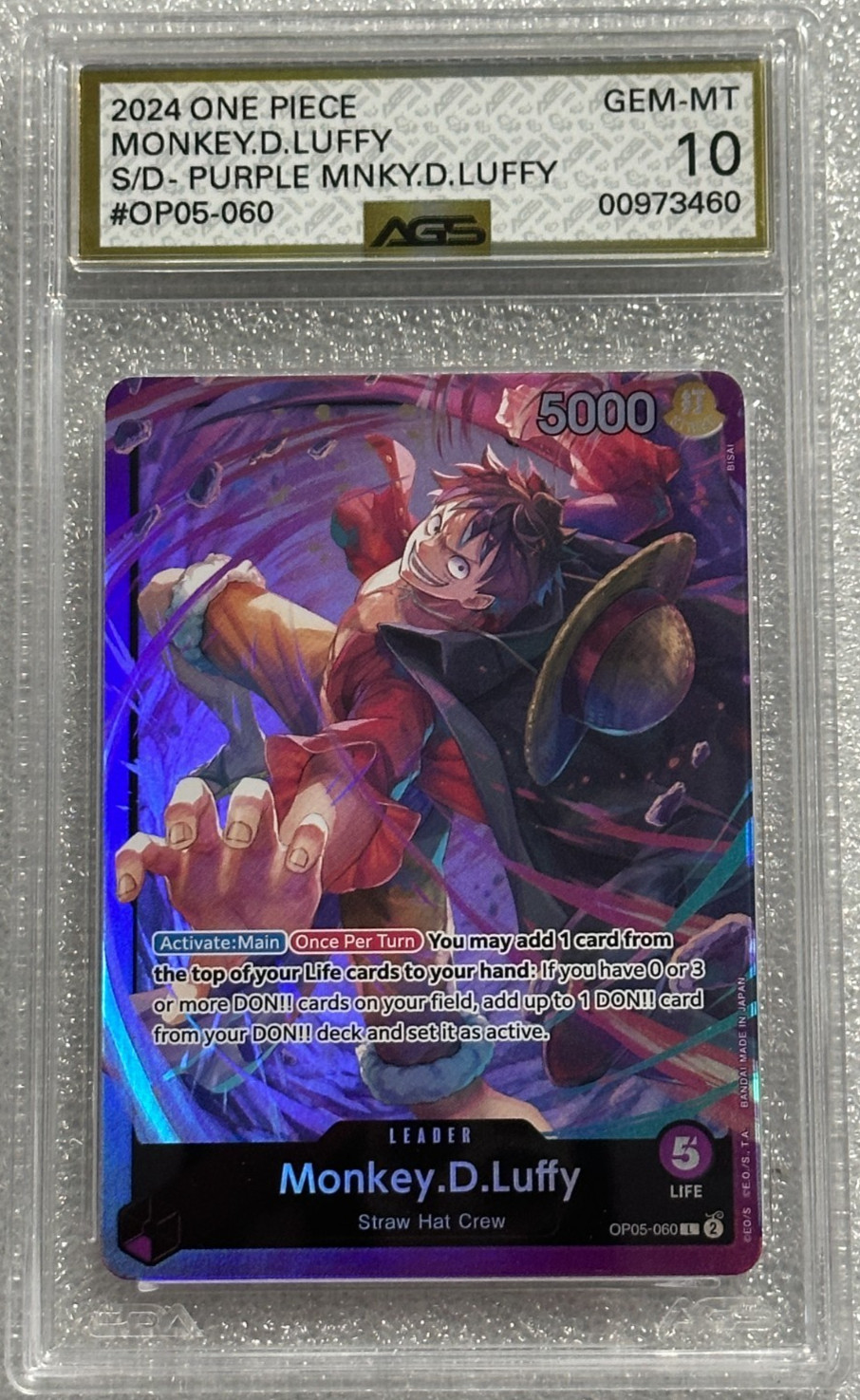 2024 One Piece Purple Leader Monkey.D.Luffy #OP05-060 AGS 10 Gem Mint 2024 One Piece Purple Leader Monkey.D.Luffy #OP05-060 AGS 10 Gem Mint