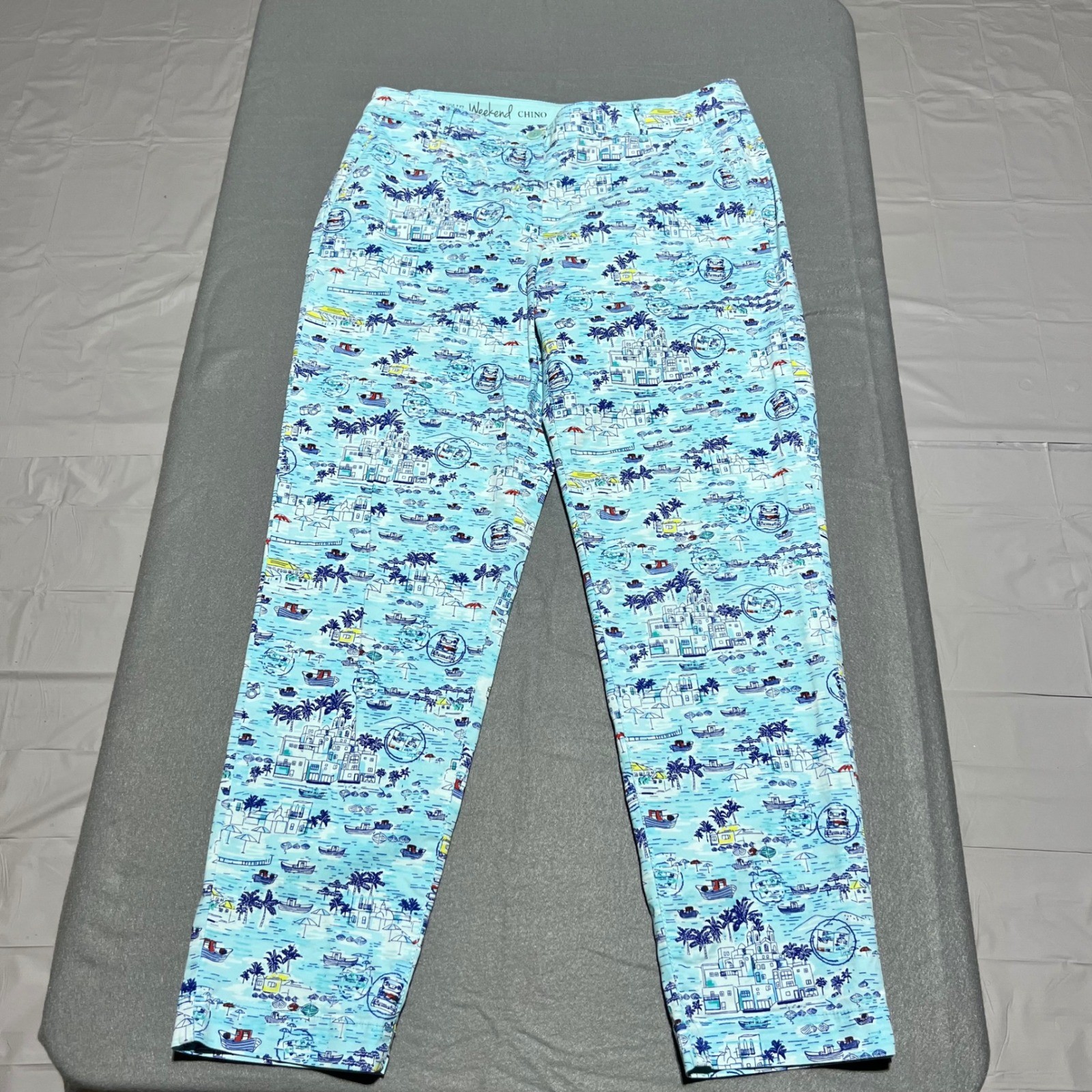 Talbots The Weekend Chino Pants Blue Mediterranean Coastal Print Size 10 Stretch
