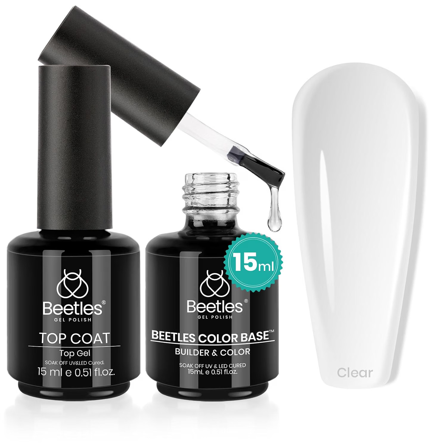 Beetles Gel Top Coat & Clear Rubber Base Gel Polish Set, 2Pcs 15ml for Nail Art