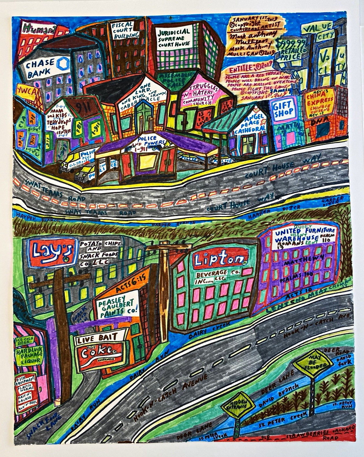 Mark Anthony Mulligan Original Signed Dated Framed Folk Art Cityscape 2019