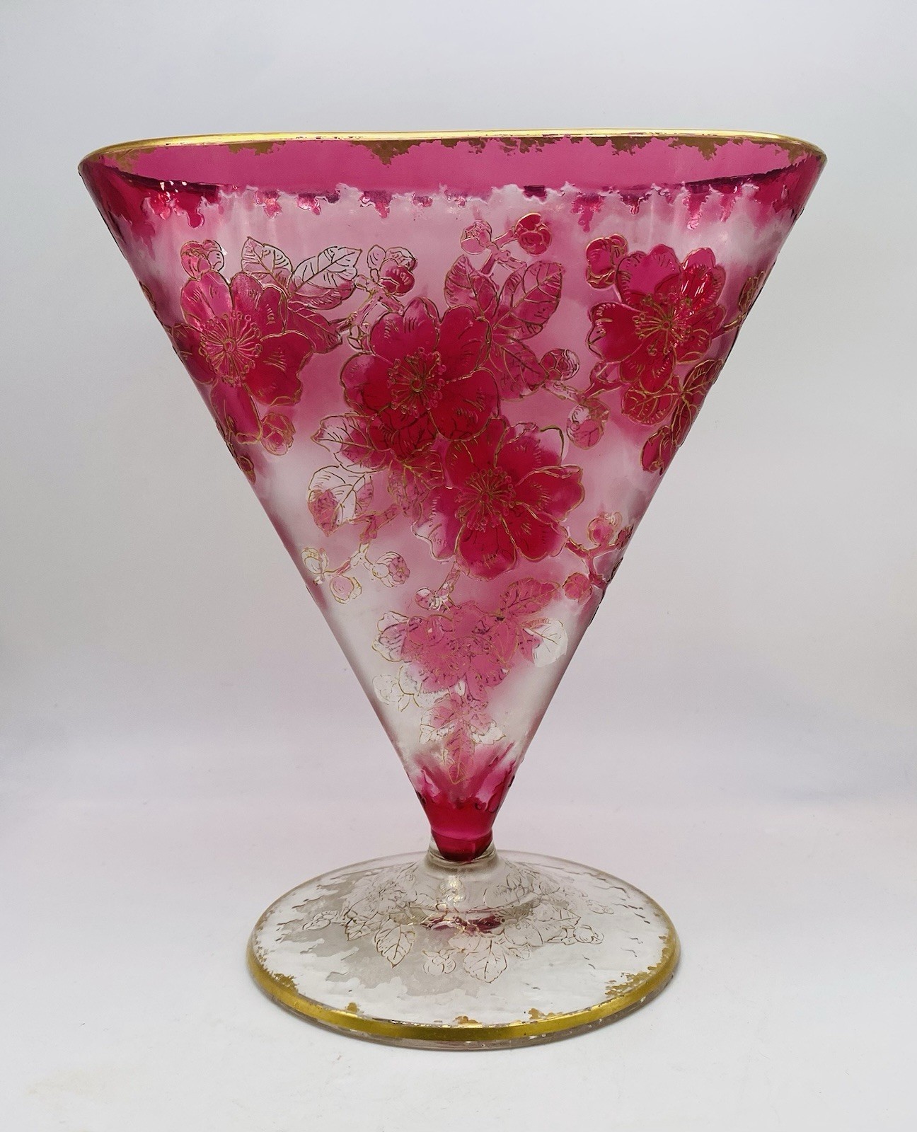RARE Art Nouveau Bohemian HARRACH Cameo Acid etched Glass Fan Vase