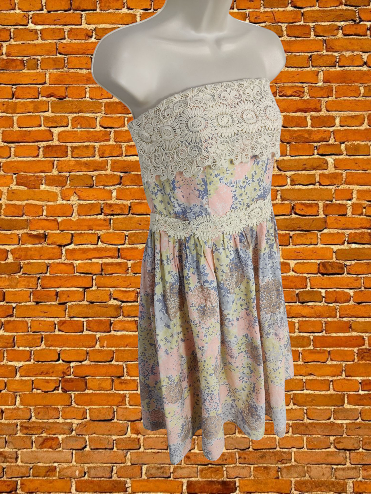 MONSOON FUSION IVORY DRESS SIZE UK 14 COTTON WOMENS FLORAL LACE STRAPLESS RARA