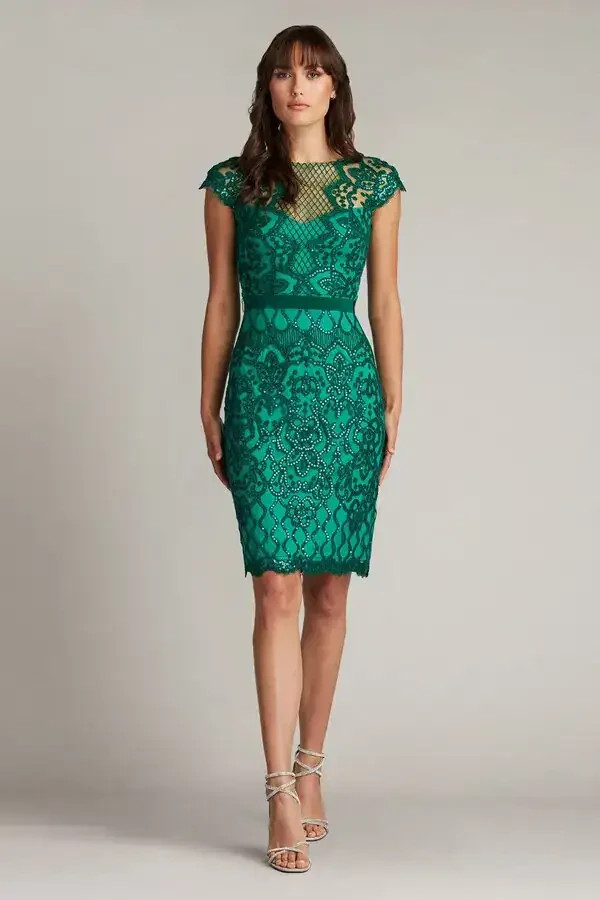 TADASHI SHOJI $328 Miranda Embroidered Lace Sequin Sheath Cocktail Dress Size 8