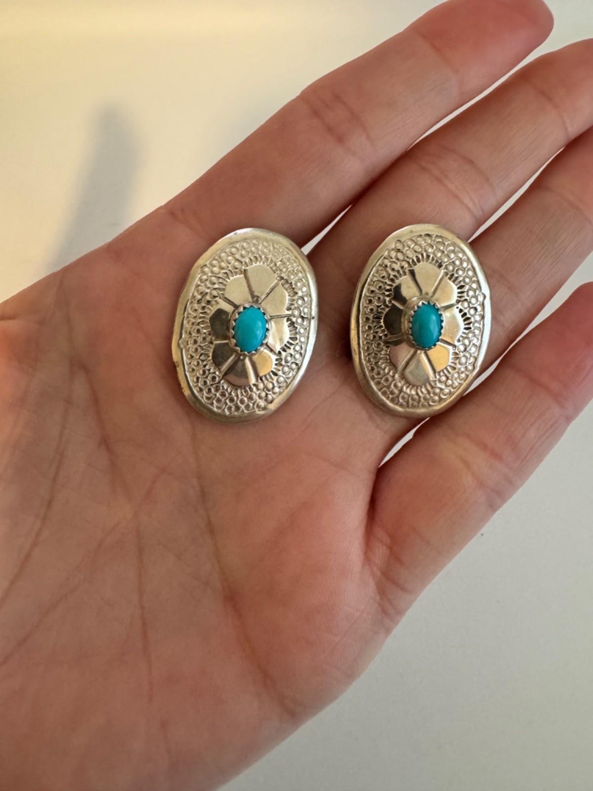Vintage Unsigned Navajo Sterling Silver Turquoise Oval Concho Post Earrings