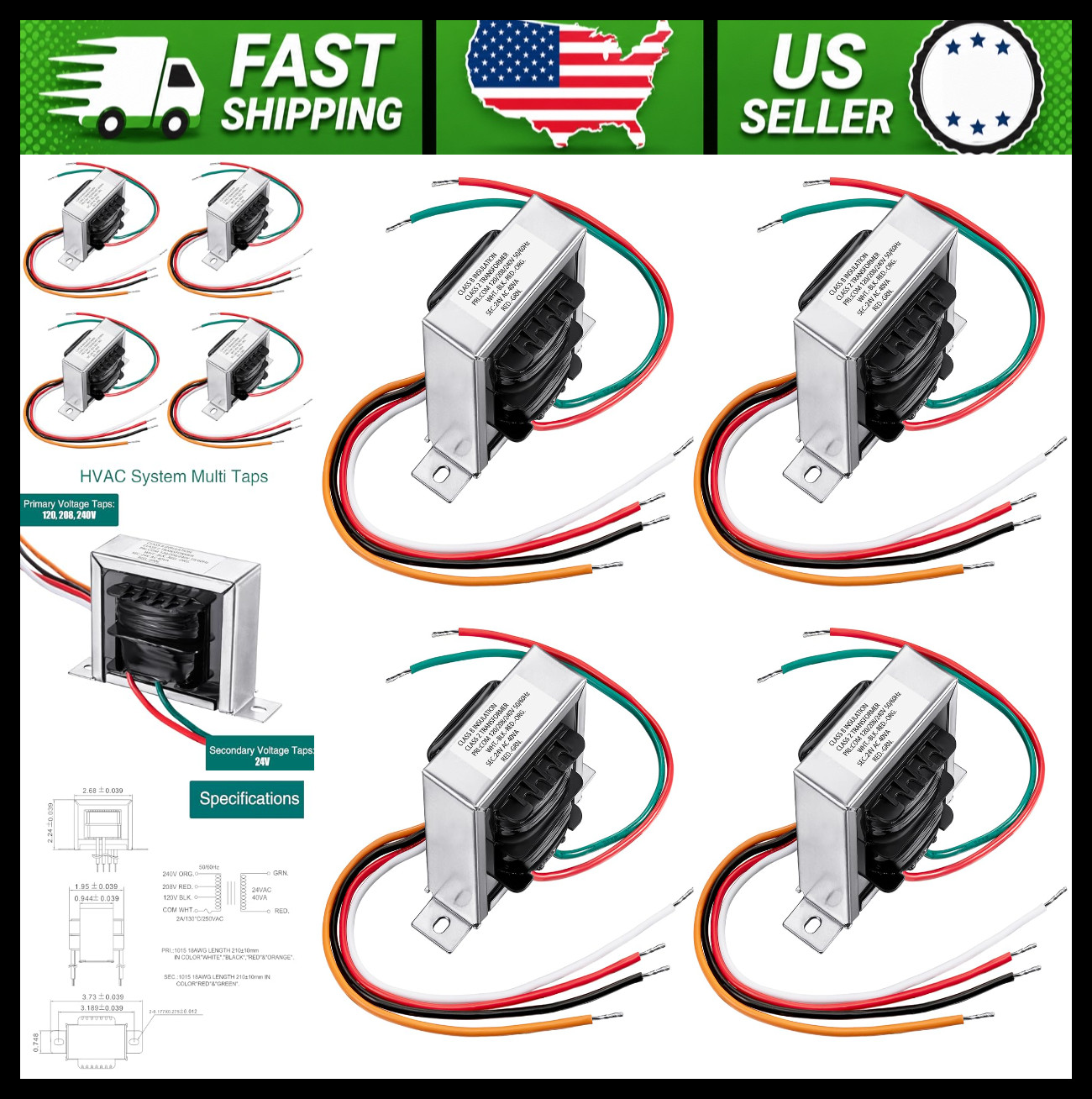 4 Pack 24V 40VA Control Transformers, Multi-Tap 120/208/240V to 24V AC 4 Pack 24V 40VA Control Transformers, Multi-Tap 120/208/240V to 24V AC