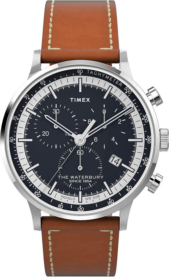 Timex Waterbury Classic Men\'s Navy Blue Dial Chronograph Leather Watch TW2V30800