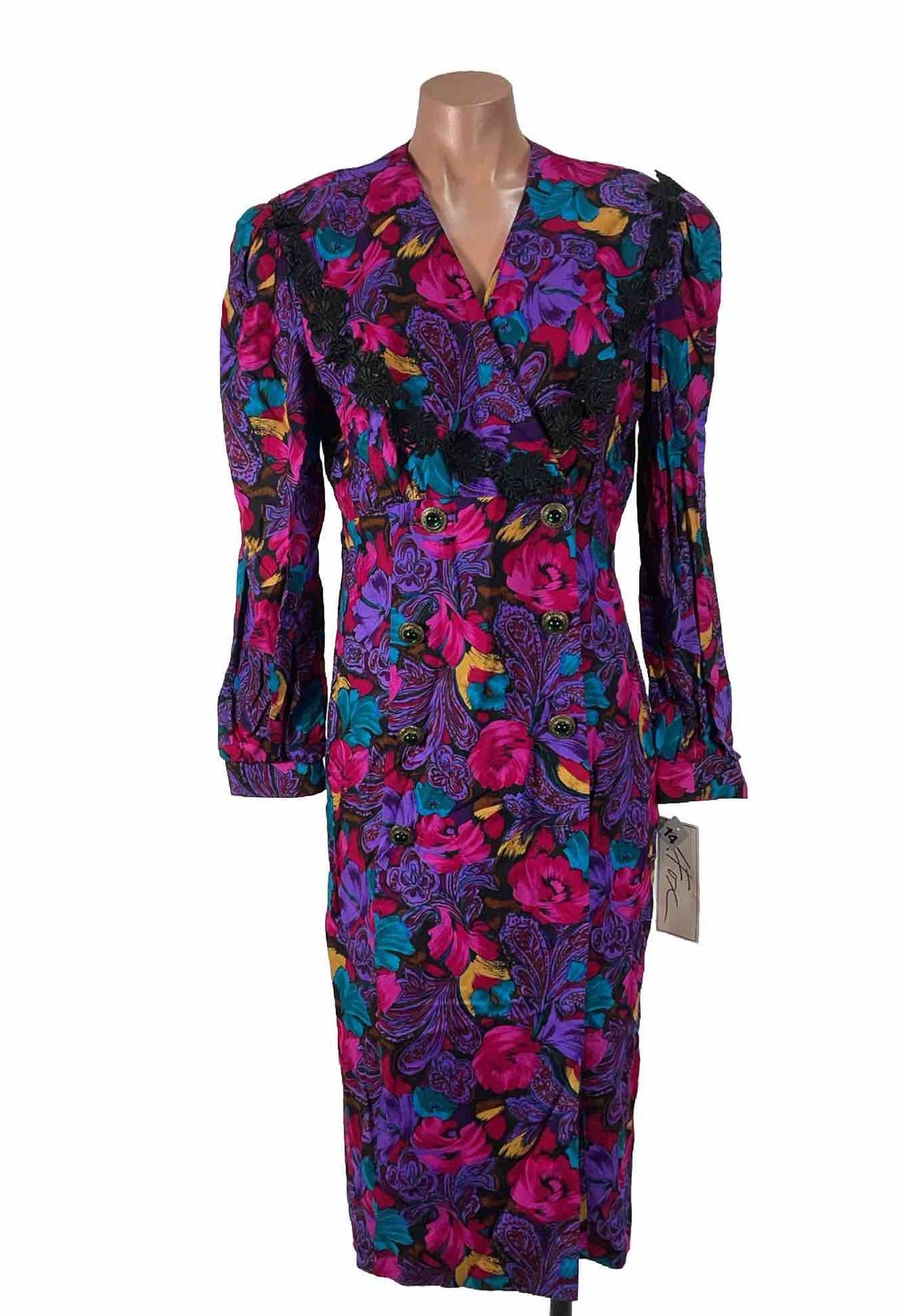 VTG 80s Bold Floral Career Dress Sheath Sz 14 Colorful Dopamine Date Night NEW