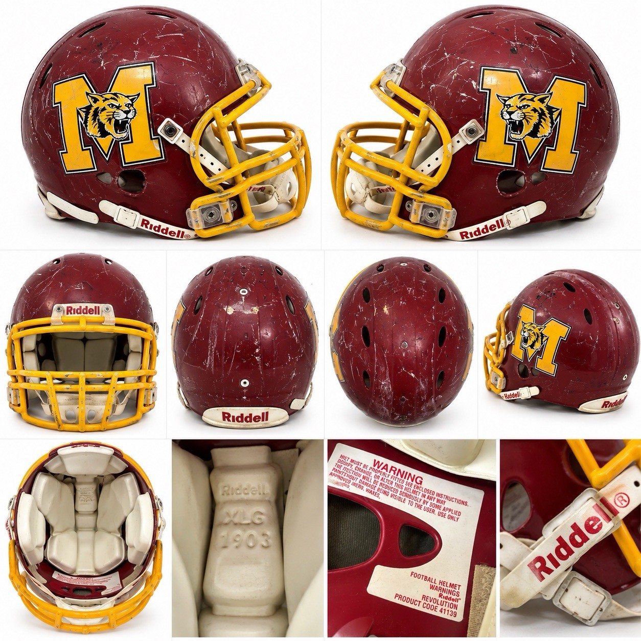 Riddell Revolution Adult XL Full Size Football Helmet Maroon Yellow Facemask