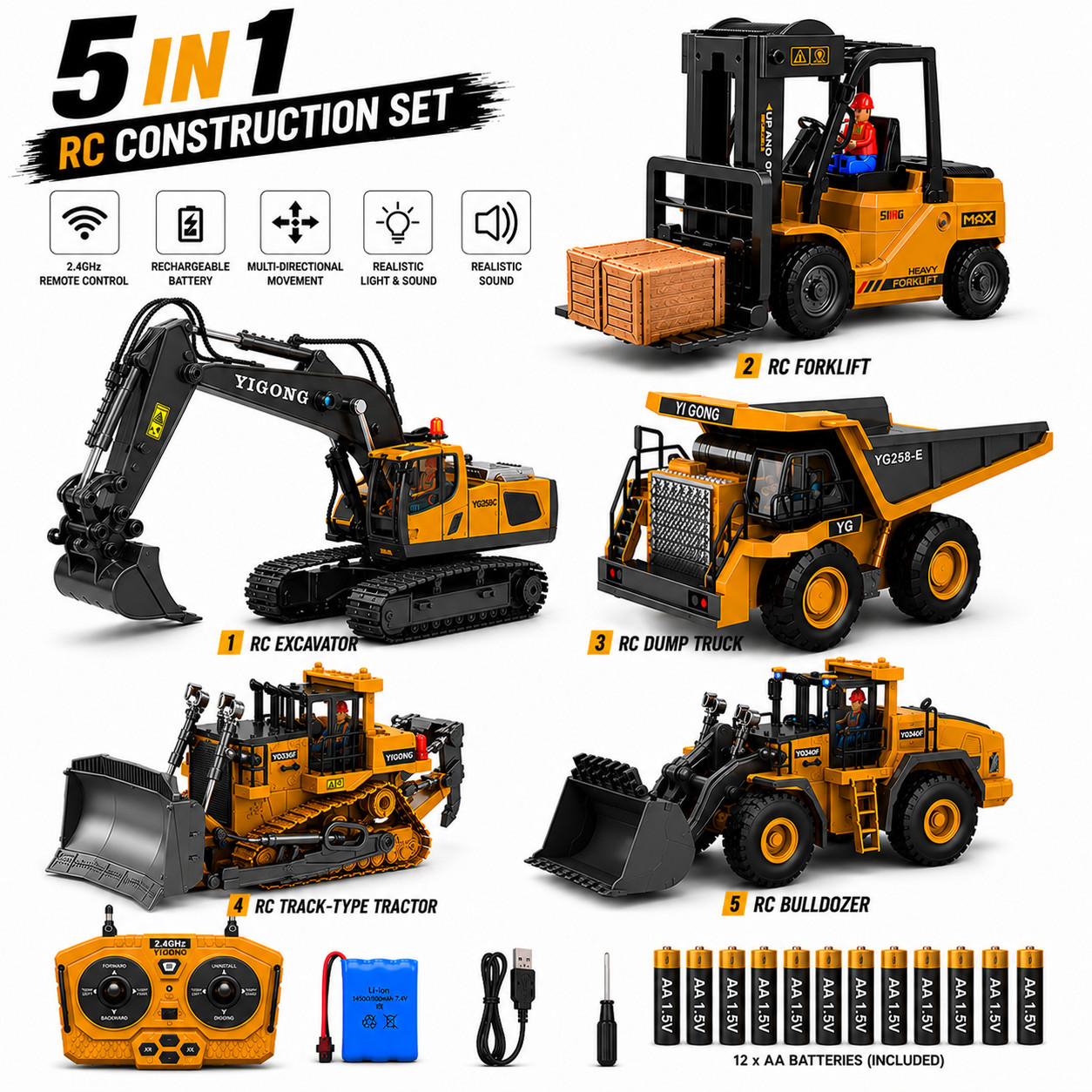 5-in-1 RC Construction Vehicle Set 2.4GHz Remote Control Excavator Bulldozer 