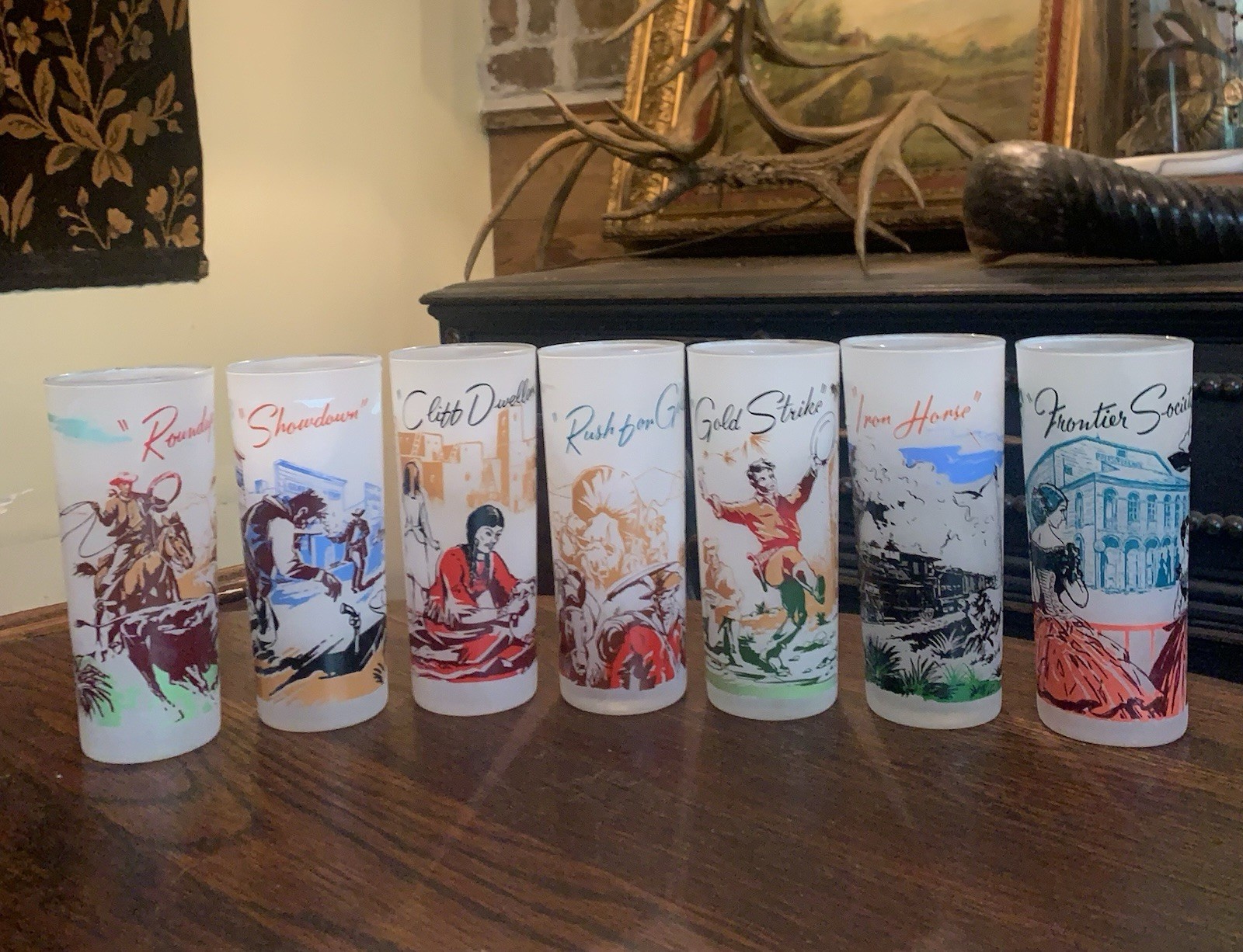 Vtg 1950’s WILD WEST FRONTIER Land 7 FROSTED Glasses Scarce New/NOS