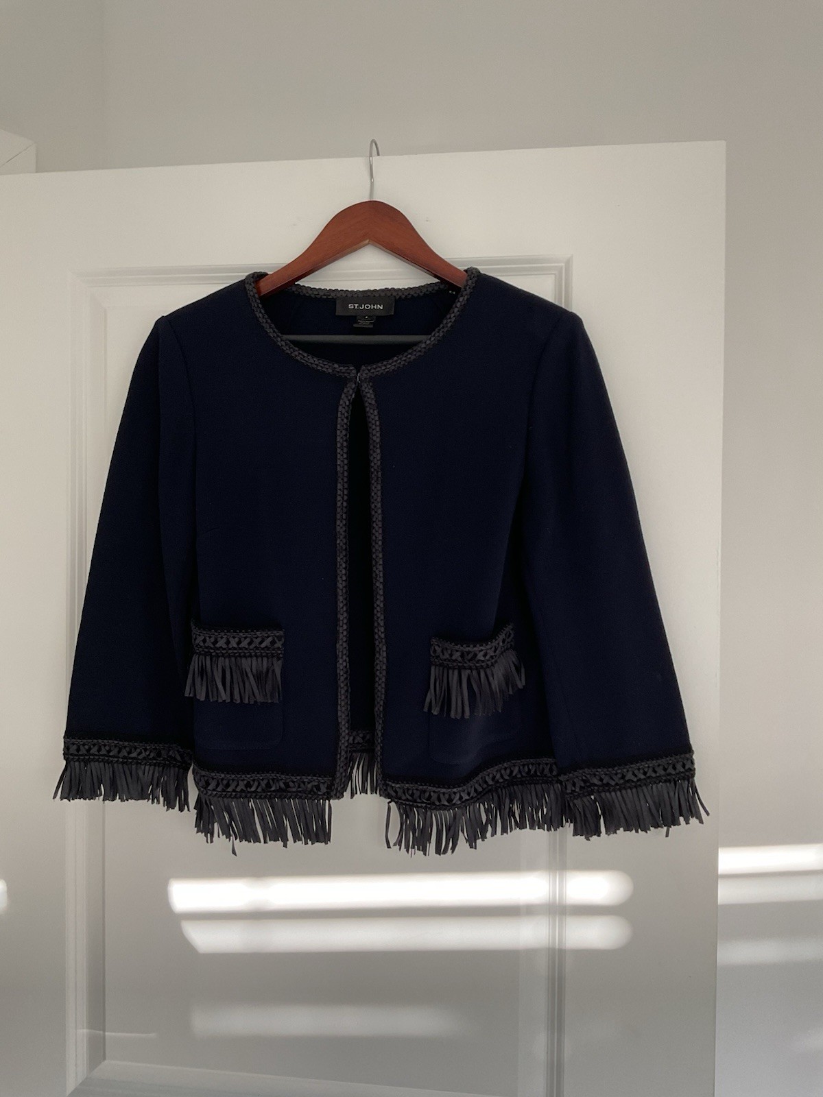 St. John Navy Blue Knit With Fringe Size 8. Imperfections 